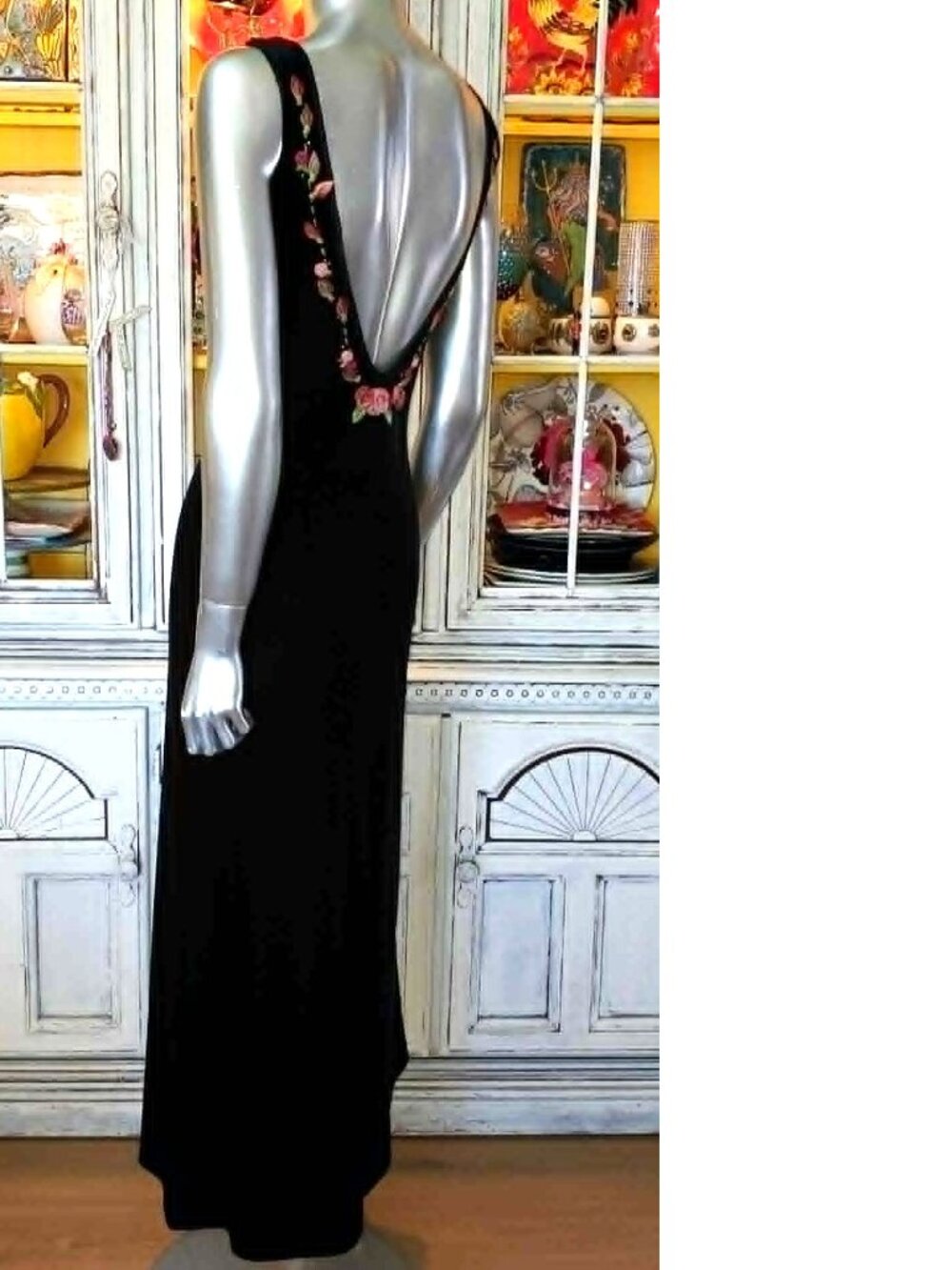 Vintage Betsey Johnson Slip Dress Evening 90s Black Velvet Backless Rose Floral - Picture 7 of 16